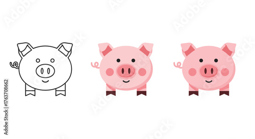 Cute cartoon pig illustrations in different styles and colors.