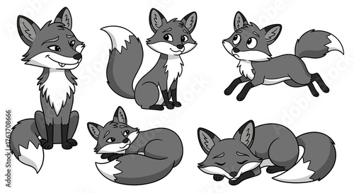 Collection of Cartoon Foxes in Various Poses Illustration Set in Monochrome, Showcasing Playful and Relaxed Behaviors for Children's Education, Storytelling, and Animal Themed Designs, Cute Animal Art