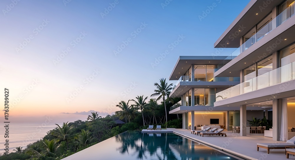 Fototapeta premium Serene Twilight Glow on a Modern Hillside Villa with an Ocean View Infinity Pool.