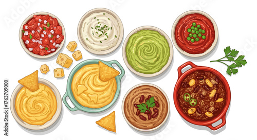 Delicious Mexican Food Dips Assortment with Tortilla Chips and Salsa for Party Platter, Guacamole, Cheese Dip, Chili, and Bean Dip, Overhead View for Restaurant Menu, Recipe Illustration, Festive Gath