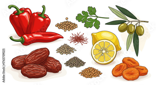 Vibrant Still Life of Middle Eastern Cuisine Ingredients: Red Bell Peppers, Dates, Lemon, Olives, Spices, Herbs for Cooking, Healthy Mediterranean Diet, Recipe Presentation, Culinary Arts, Fresh Produ