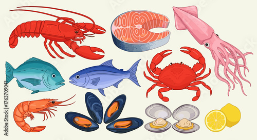Fresh Seafood Selection Illustration: Lobster, Salmon, Squid, Crab, Shrimp, Tuna, Clams & Mussels Displayed for Culinary Recipe, Restaurant Menu Design, Healthy Eating Concept, Seafood Market Promotio