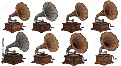 Vintage Gramophones Collection: Antique Phonographs Play Music in Retro Home Decor, Echoing Melodies of Nostalgia for Classical Era Listening, Perfect for Historical Presentation, Museum Exhibit & Old