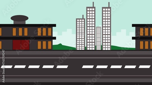 Seamless loop of cartoon city street with buildings, road, and skyline under a clear sky. Perfect animated urban background for an explainer or video scene.
