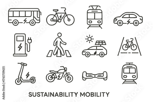 Vector tram motorcycle pedestrian mobility icon electric sustainable vehicle icons bike bus