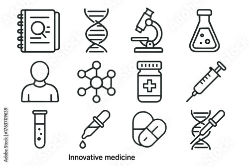 Medicine test lab innovative microscope health vial strand icon editing vector structure