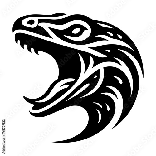 Tribal Snake Head Illustration: Black and White Design.