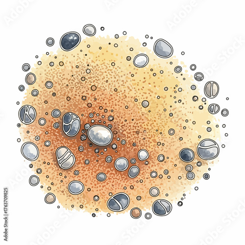 Vibrant watercolor beach pebbles form natural pattern on textured sand background, showcasing diverse smooth stones. Detailed watercolor beach pebbles composition highlights gray and striped rocks,