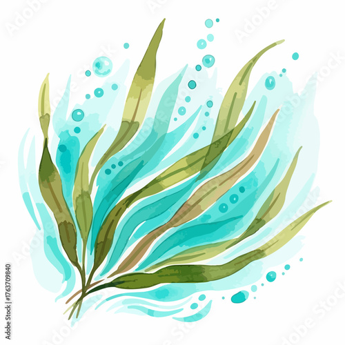 Seaweed illustration with underwater plant life in shades of green and teal. Seaweed drawing shows aquatic plants swaying gently as they create unique, artistic sea weed.