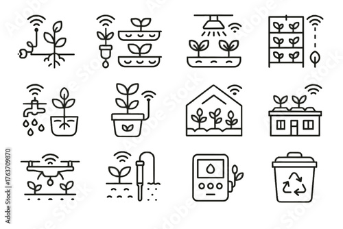 Drone urban monitoring farming vector smart icon controller rooftop led watering soil