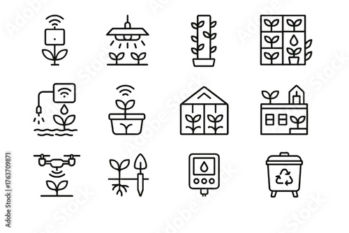 Urban vector farming smart hydroponic irrigation light led compost planter icon monitoring