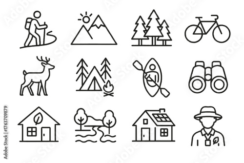 Nature campsite trail vector lodge tourism kayak forest binoculars mountain icon eco