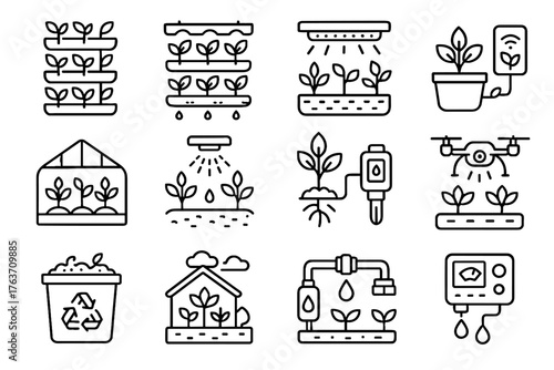 Garden urban futuristic vector light rooftop greenhouse irrigation sensor bin farming drone