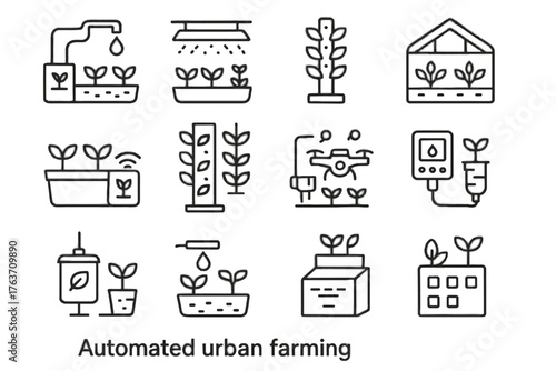Vector garden injector irrigation watering drone urban automated tower farming planter icon