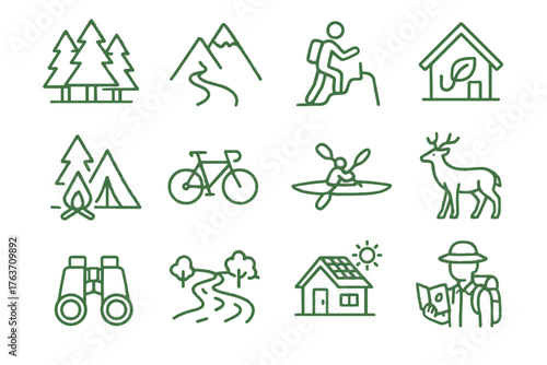 Icon icons lodge binoculars kayak cabin tourism green vector eco forest trail