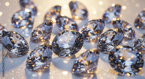 輝くダイヤモンドのクローズアップ　光を反射する透明な宝石が並ぶラグジュアリーな背景
