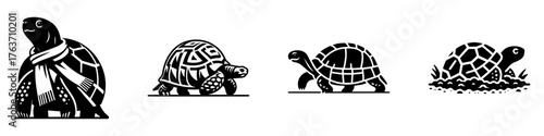 Four black and white turtle illustrations on a white background.