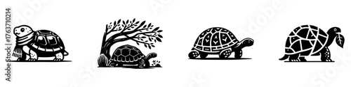 Artistic turtle illustrations in a row black and white various styles.