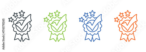 Quality assurance badge icon set, certification check mark ribbon outline symbol, award and guarantee illustration