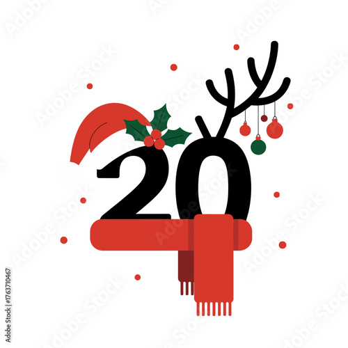 Christmas countdown 20, antler topper, santa cap, cozy scarf, holly accent, seasonal decor, merry winter holiday vector