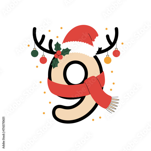 Festive number 9, reindeer antlers, santa cap, cozy scarf, christmas lights, confetti sparkles, cheerful countdown, vector illustration