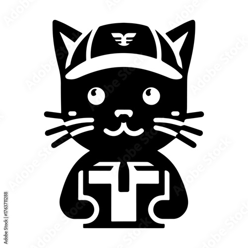 Delivery Cat Cartoon Illustration Black and White Cute Cap Box.