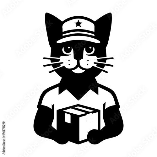 Cat Courier Delivering Package: Black and White Illustration.