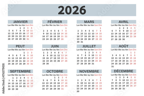 Classic annual calendar for 2026 in French for planning and organization. Days, weeks and months. Template.