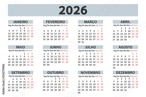 Classic annual calendar for 2026 in Portuguese for planning and organization. Days, weeks and months. Template.