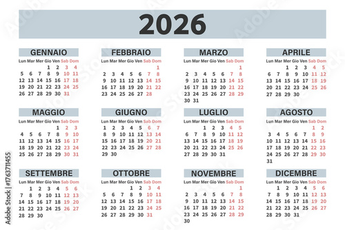 Classic annual calendar for 2026 in Italian for planning and organization. Days, weeks and months. Template.