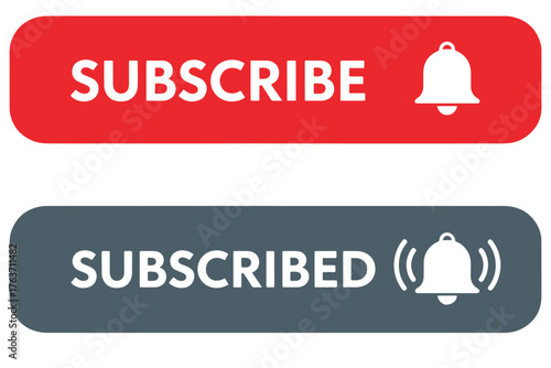 Subscribe and subscribed buttons isolated on white background, featuring red and gray colors with bell icons, commonly used on social media platforms vector illustration