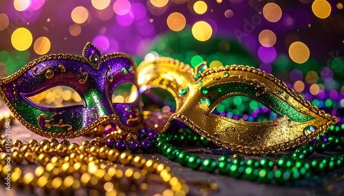 Mardi Gras, decorative Mardi Gras masks and ribbons on wooden table, festive texture
