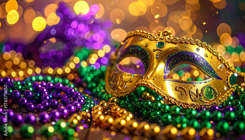 Mardi Gras, decorative Mardi Gras masks and ribbons on wooden table, festive texture