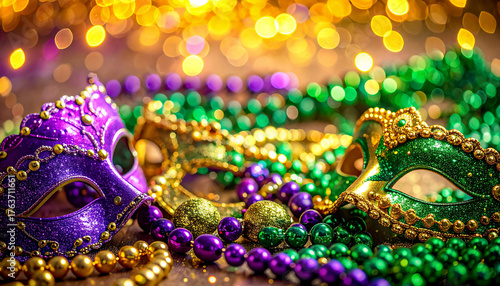 Mardi Gras, decorative Mardi Gras masks and ribbons on wooden table, festive texture