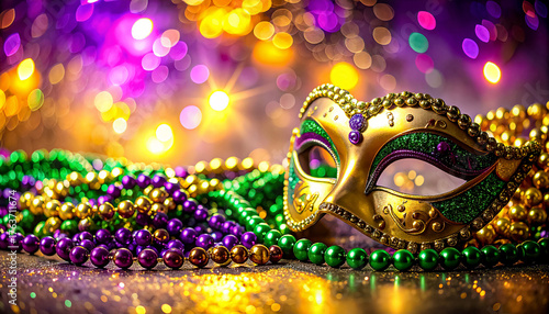 Mardi Gras, decorative Mardi Gras masks and ribbons on wooden table, festive texture