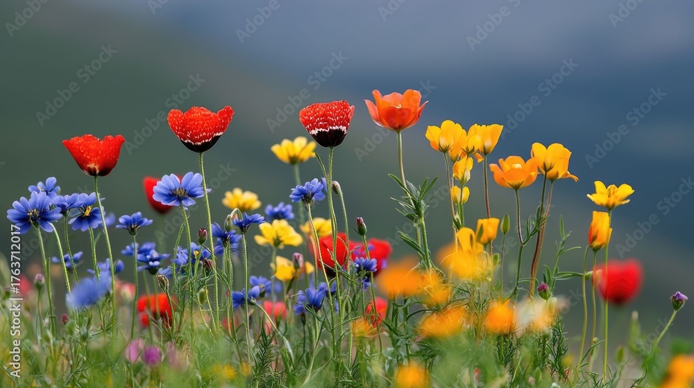 Fototapeta premium Stunning and vibrant wildflowers in bloom on a picturesque hillside landscape during the spring season The colorful array of petals creates a serene and tranquil natural scene in the countryside