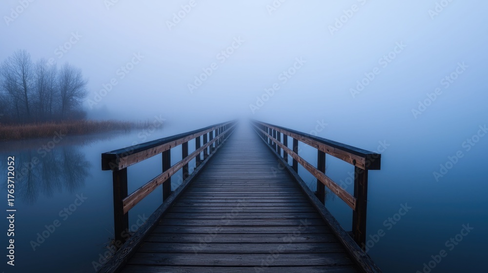 Obraz premium Tranquil wooden bridge crossing over a foggy reflective river at a serene atmospheric dawn The misty moody landscape creates a dreamlike mysterious ambiance