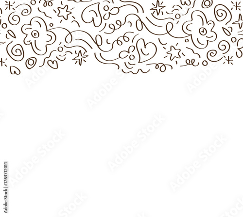Doodle border with flowers stars hearts and swirls in black ink on a white background at the top edge