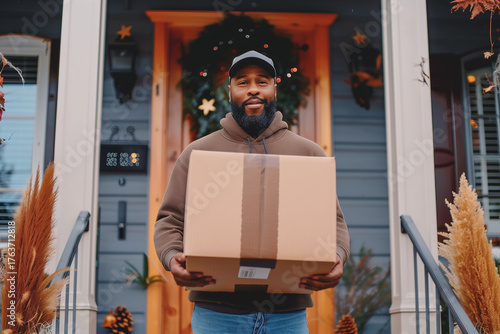 A man is holding a brown box. black friday, deal,