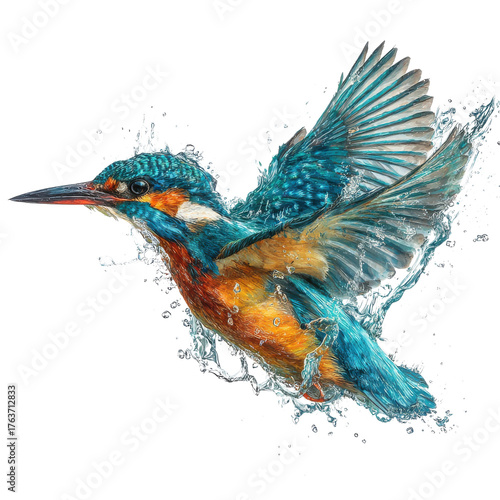 Colorful kingfisher diving with splashes
