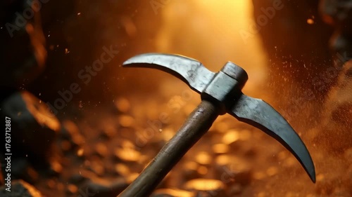 Close-up of a miner swinging a pickaxe against a rocky wall in a dimly lit underground gold mine tunnel, dust and small rock fragments flying, warm amber lighting
