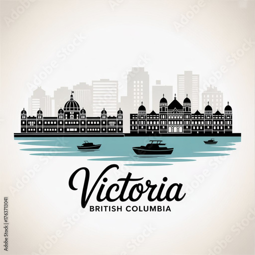 ‎Victoria British Columbia Skyline Silhouette — Historic Harbour Capital in Canada Vector Illustration
