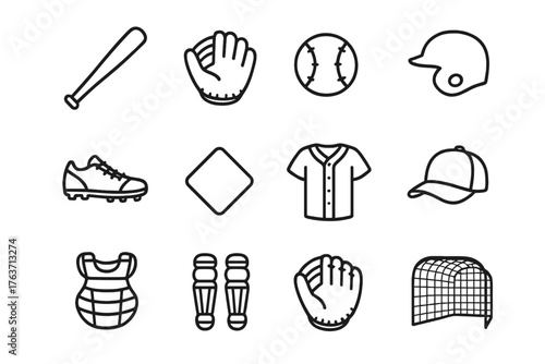 Vector mitt icon helmet cleats baseball bat uniform batting ball icons cage