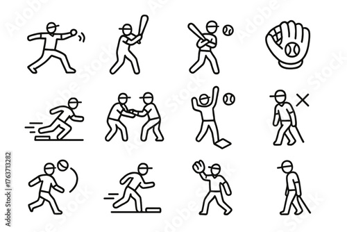 Foul glove throw pitch steal baseball base ball vector set icon strikeout