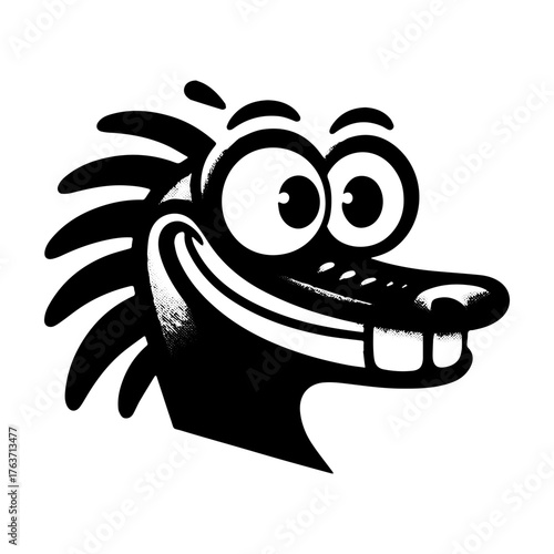 Smiling Cartoon Hedgehog Head with Spikes and Big Eyes.