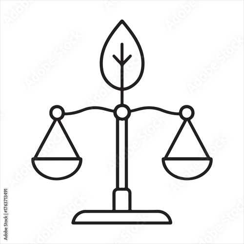 Symbol of environmental justice and ecological balance represented by a balanced scale with a leaf on top