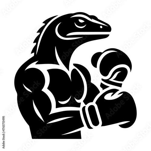 Boxing lizard ready to fight with gloves and muscles.