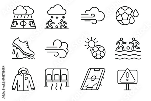 Vector field glare gear icons turf heating snowy weather football cleats icon