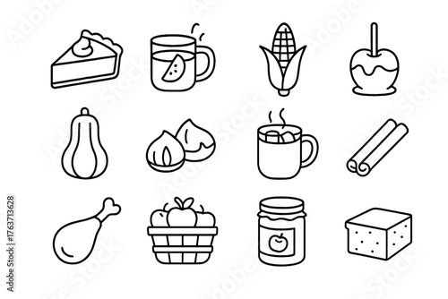Turkey sticks cornbread vector food hot autumn cinnamon icons apple icon pumpkin