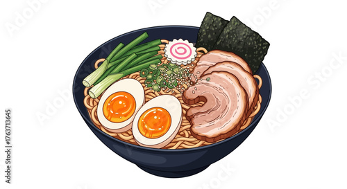Delicious bowl of Japanese ramen soup with noodles, chashu pork, ajitama egg, and nori seaweed, isolated on a white background